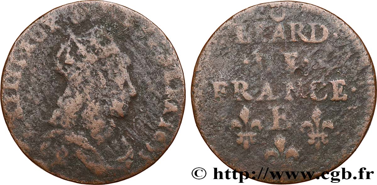 LOUIS XIV LE GRAND OU LE ROI SOLEIL Liard de cuivre, 2e type 1655 Meung-sur-Loire B+