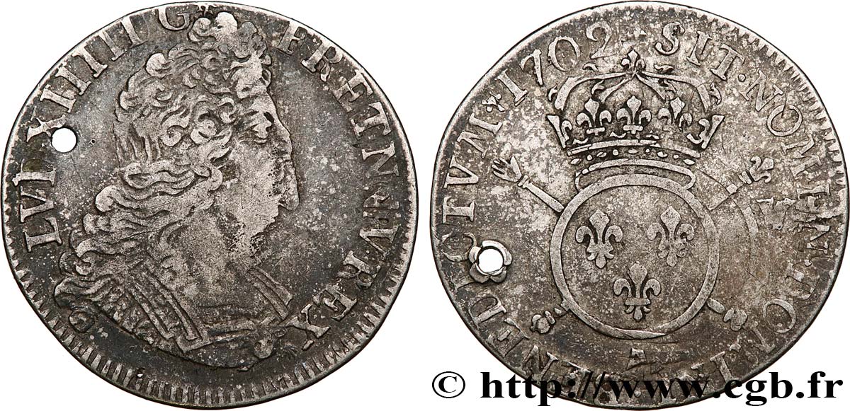LOUIS XIV  THE SUN KING  Quart d écu aux insignes 1702 Paris VF