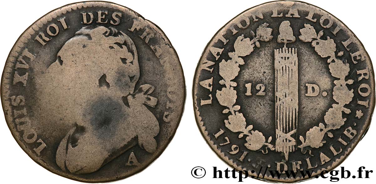 LOUIS XVI (MONARQUE CONSTITUTIONNEL)  12 deniers dit  au faisceau , type FRANÇOIS 1791 Paris B/TB