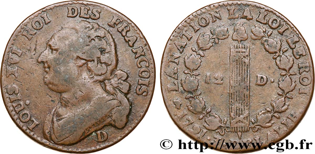 LOUIS XVI (MONARQUE CONSTITUTIONNEL)  12 deniers dit &nbsp;au faisceau&nbsp;, type FRANCOIS 1791 Lyon TB