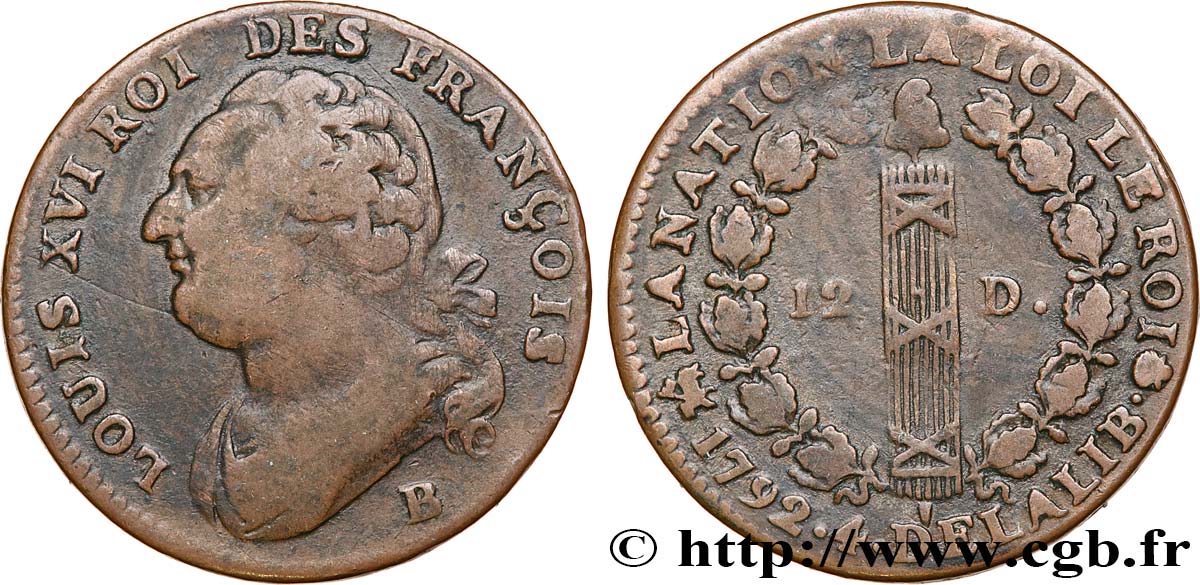 LOUIS XVI (MONARQUE CONSTITUTIONNEL)  12 deniers dit  au faisceau , type FRANÇOIS 1792 Rouen TTB/TTB+