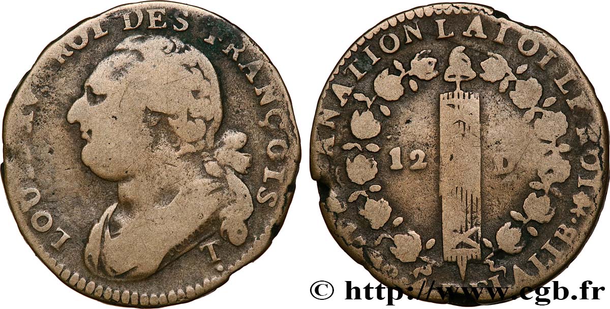 LOUIS XVI (MONARQUE CONSTITUTIONNEL)  12 deniers dit &nbsp;au faisceau&nbsp;, type FRANÇOIS 1792 Saumur B+