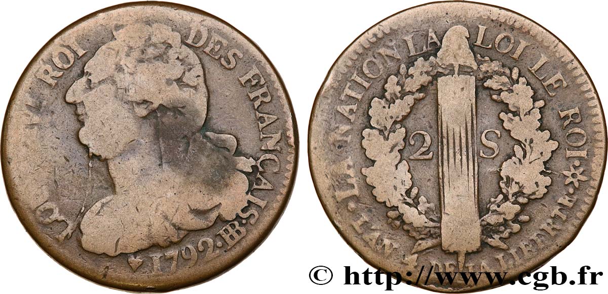 LOUIS XVI (MONARQUE CONSTITUTIONNEL)  2 sols dit  au faisceau , type FRANÇAIS 1792 Strasbourg TB+