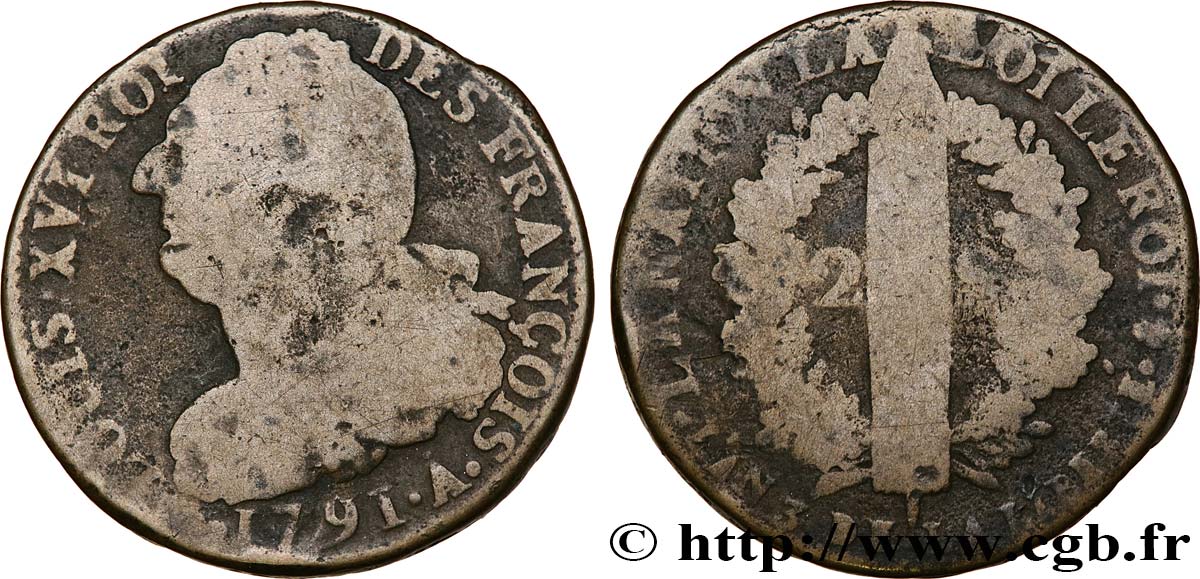 LOUIS XVI 2 sols dit  au faisceau , type FRANÇOIS 1791 Paris VF