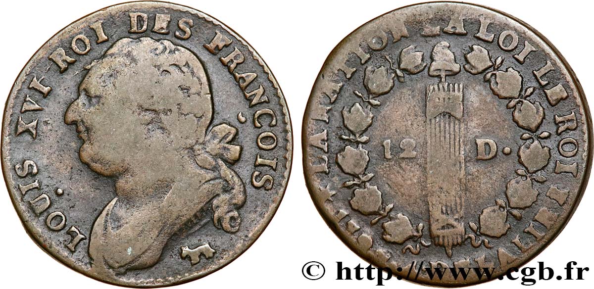 LOUIS XVI 12 deniers dit  au faisceau , type FRANÇOIS 1792 Pau VF