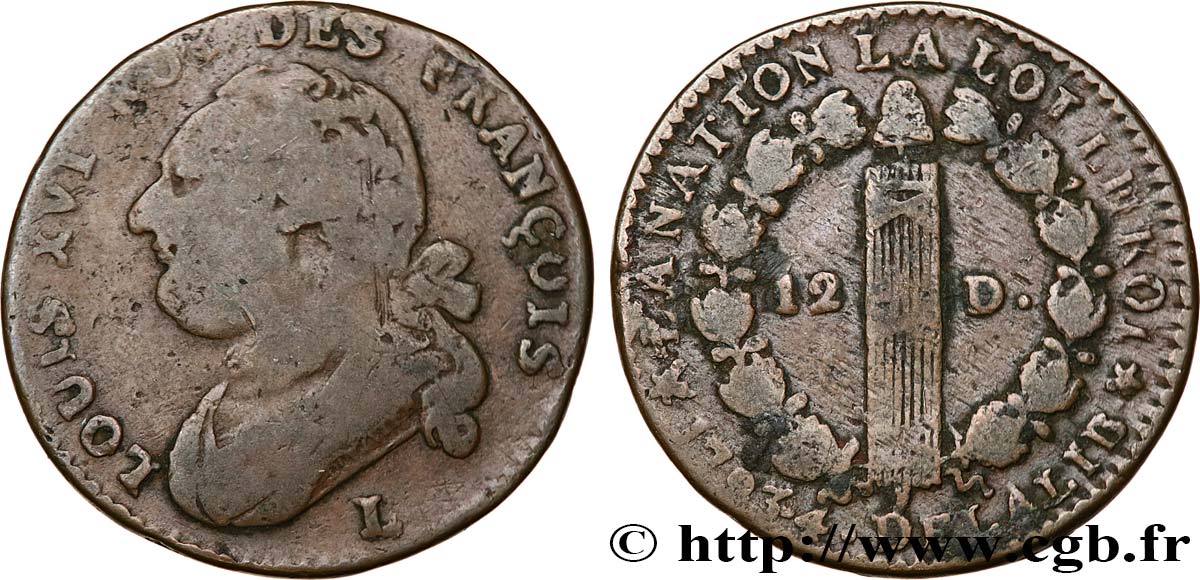 THE CONVENTION 12 deniers dit  au faisceau , type FRANCOIS 1793 Bayonne VF