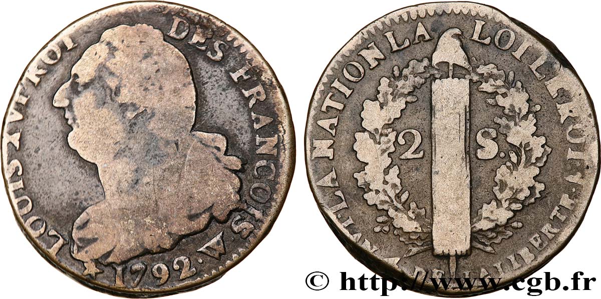 LOUIS XVI (MONARQUE CONSTITUTIONNEL)  2 sols dit  au faisceau , type FRANÇOIS 1792 Lille TB