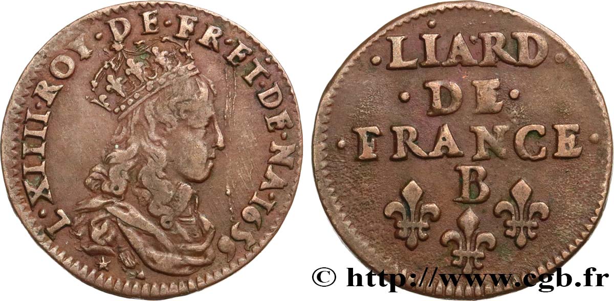 LOUIS XIV  THE SUN KING  Liard de cuivre, 2e type 1656 Pont-de-l’Arche MBC+