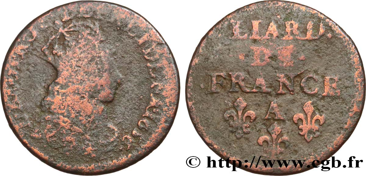 LOUIS XIV LE GRAND OU LE ROI SOLEIL Liard de cuivre, 2e type 1656 Corbeil B