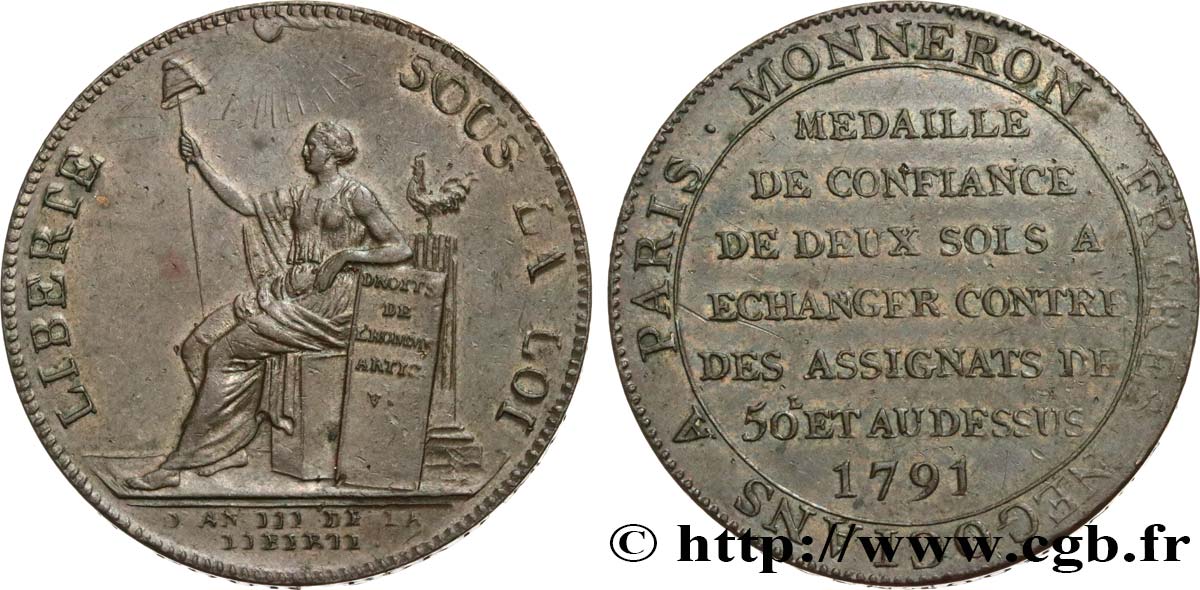 CONFIANCE (MONNAIES DE...) Monneron de 2 sols à la Liberté 1791 Birmingham, Soho TTB