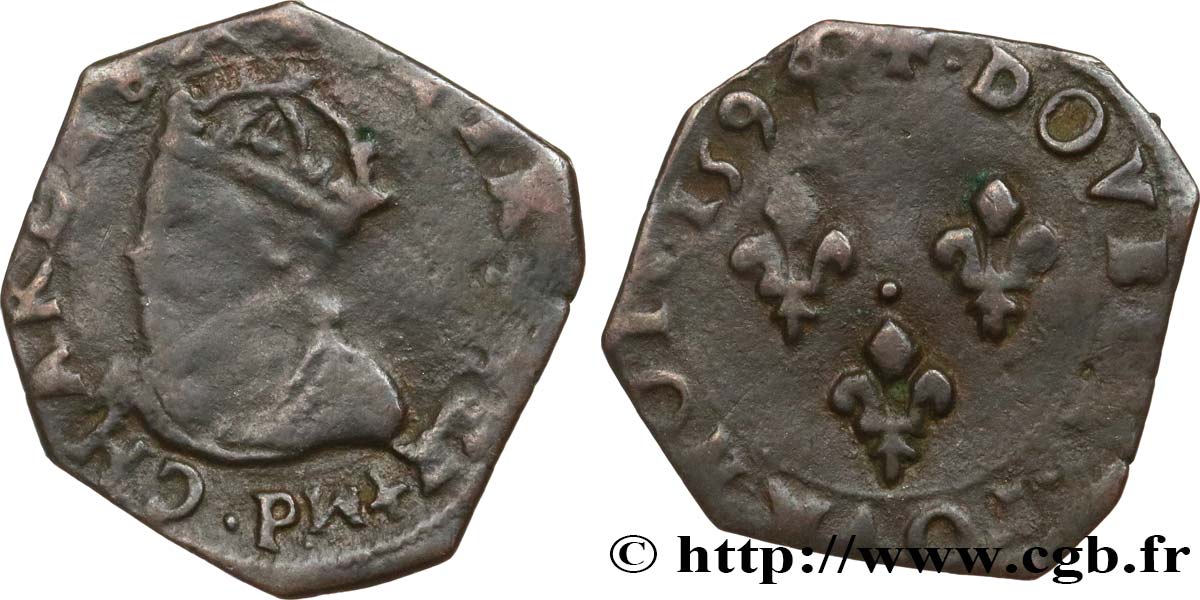 CHARLES X, CARDINAL OF BOURBON Double tournois, type de Dijon 1594 Dijon VF