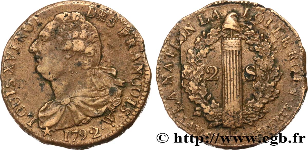 LOUIS XVI (MONARQUE CONSTITUTIONNEL)  2 sols dit  au faisceau , type FRANCOIS 1792 Arras TB+