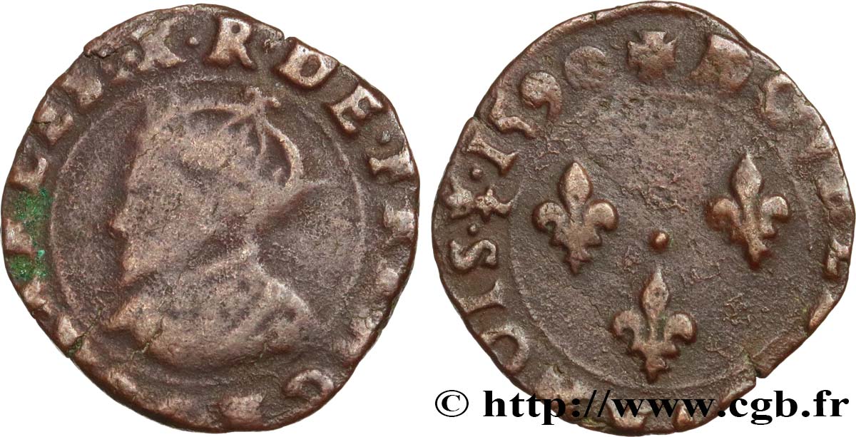 CHARLES X, CARDINAL OF BOURBON Double tournois, type de Troyes 1590 Troyes VF