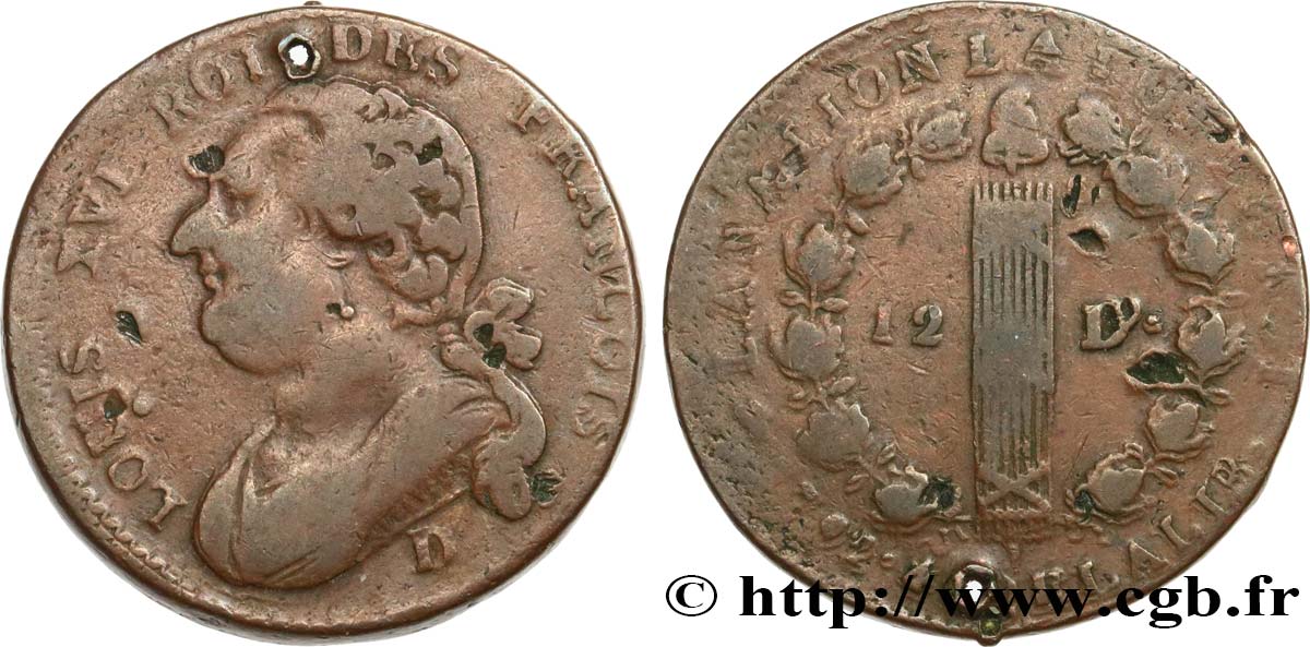 LOUIS XVI (MONARQUE CONSTITUTIONNEL)  12 deniers dit &nbsp;au faisceau&nbsp;, type FRANCOIS 1792 Lyon TB