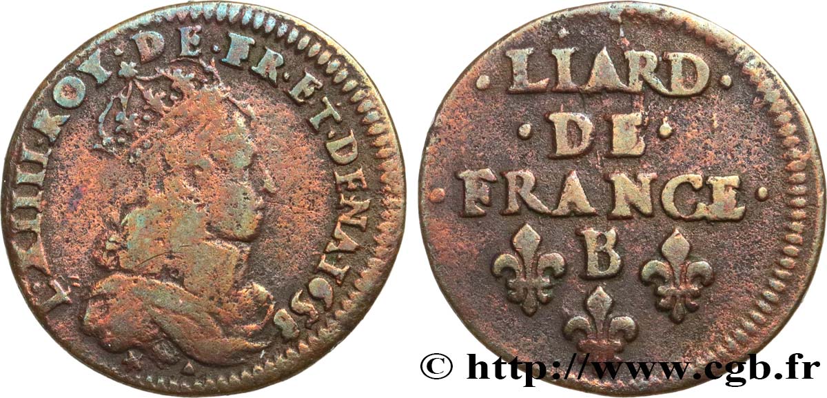 LOUIS XIV LE GRAND OU LE ROI SOLEIL Liard de cuivre, 2e type 1656 Pont-de-l’Arche TB+