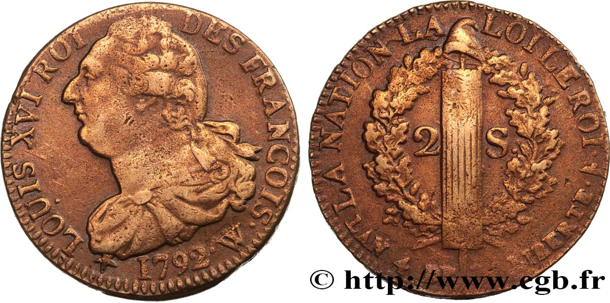 LOUIS XVI (MONARQUE CONSTITUTIONNEL)  2 sols dit  au faisceau , type FRANÇOIS 1792 Lille TB+
