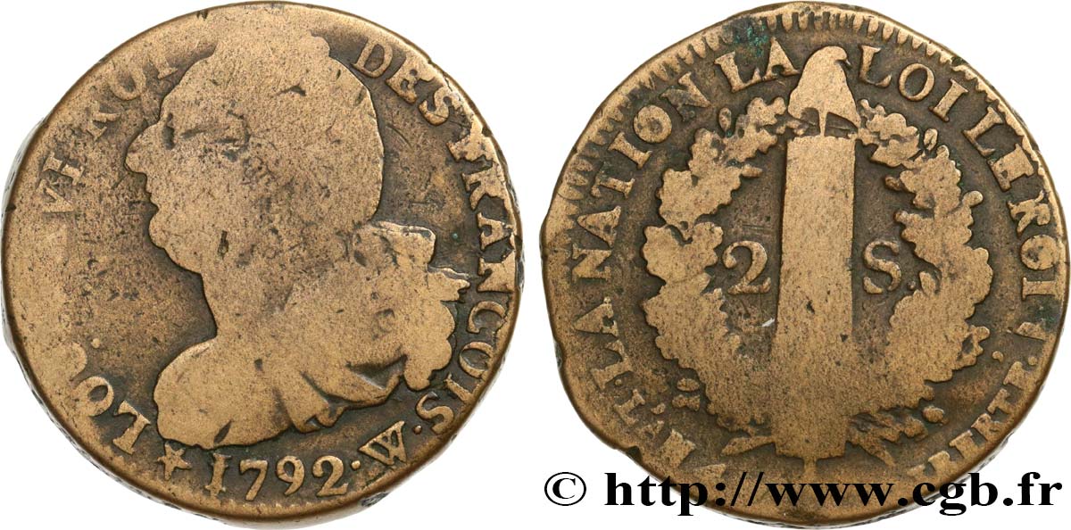 LOUIS XVI (MONARQUE CONSTITUTIONNEL)  2 sols dit  au faisceau , type FRANÇOIS 1792 Lille B+
