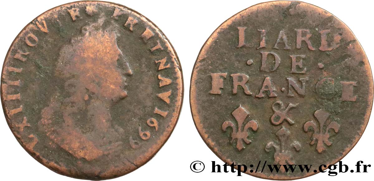 LOUIS XIV LE GRAND OU LE ROI SOLEIL Liard, 3e type, buste âgé 1699 Aix-en-Provence TB