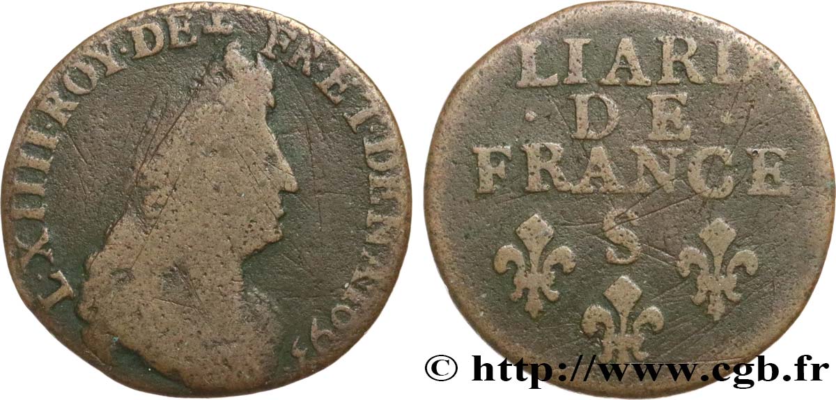 LOUIS XIV  THE SUN KING  Liard, 3e type, buste âgé 1693 Reims F