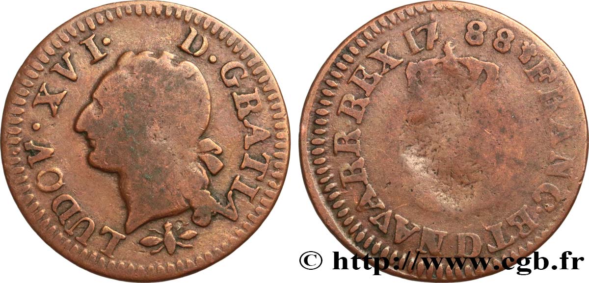 LOUIS XVI Liard dit  à l écu  1788 Lyon TB+