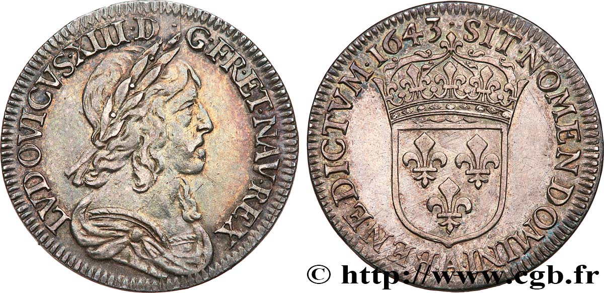 LOUIS XIII LE JUSTE Quart d écu d argent, 3e type, 2e poinçon de Warin 1643 Paris, Monnaie du Louvre TTB+/SUP