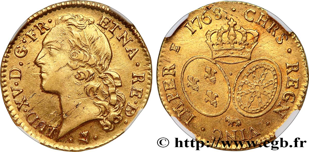 LOUIS XV THE BELOVED Louis d’or aux écus ovales, tête ceinte d’un bandeau 1768 Pau AU58