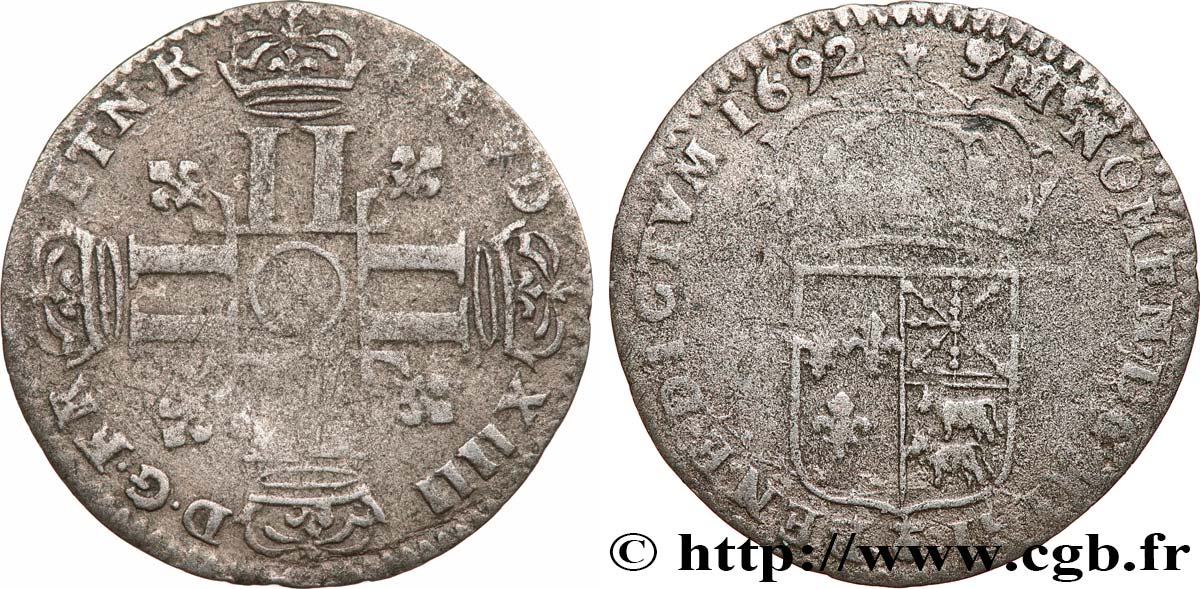 LOUIS XIV  THE SUN KING  Pièce de 15 deniers aux huit L du Béarn 1692 Pau q.BB