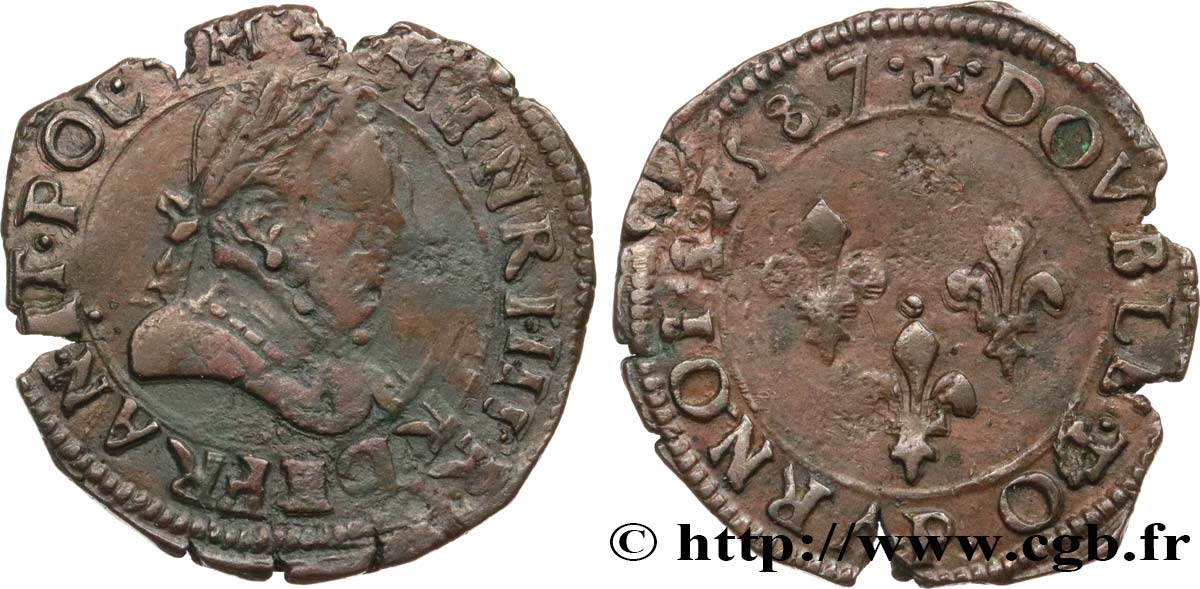 HENRI III Double tournois, 2e type de Dijon 1587 Dijon TB/TB+