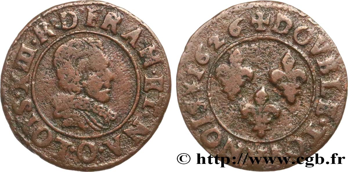 LOUIS XIII LE JUSTE Double tournois, type 4 1626 Riom TB