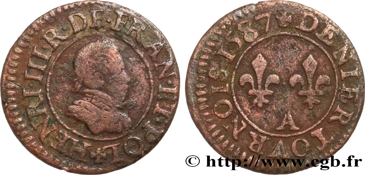 HENRI III Denier tournois, 1er type de Paris 1587 Paris, Moulin des Étuves TB