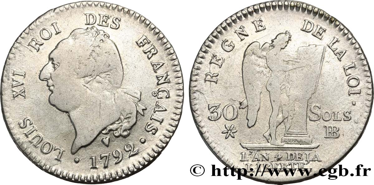 LOUIS XVI (MONARQUE CONSTITUTIONNEL)  30 sols dit  au génie , type FRANÇAIS 1792 Strasbourg TB