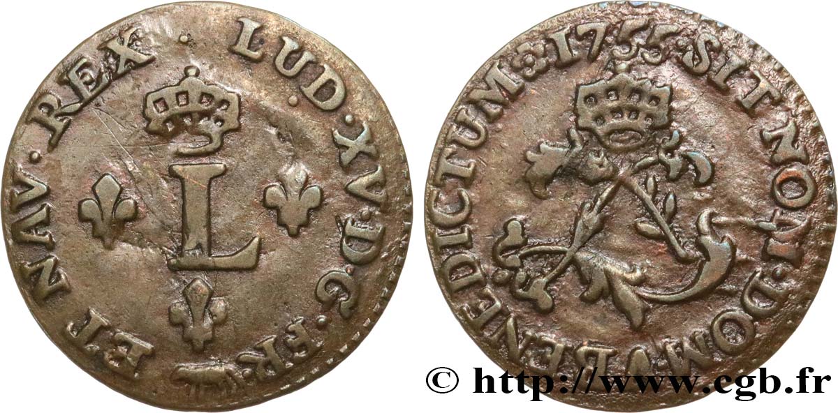 LOUIS XV DIT LE BIEN AIMÉ Double sol de billon, faux d’époque 1755 Paris TTB