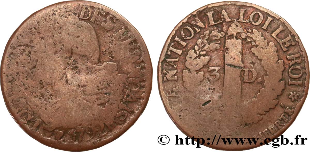 LOUIS XVI 3 deniers dit  au faisceau , type FRANÇAIS 1792 Strasbourg VG