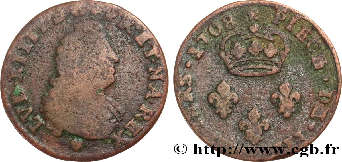 LOUIS XIV LE GRAND OU LE ROI SOLEIL IIII deniers 1708 Strasbourg B+