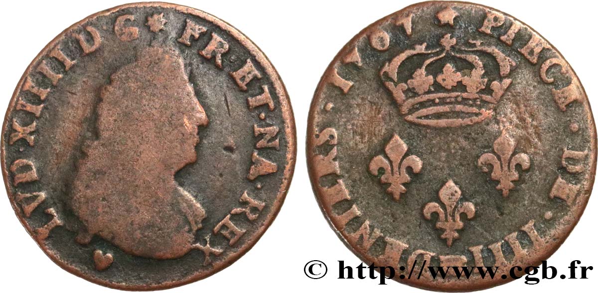 LOUIS XIV LE GRAND OU LE ROI SOLEIL IIII deniers 1707 Strasbourg B+