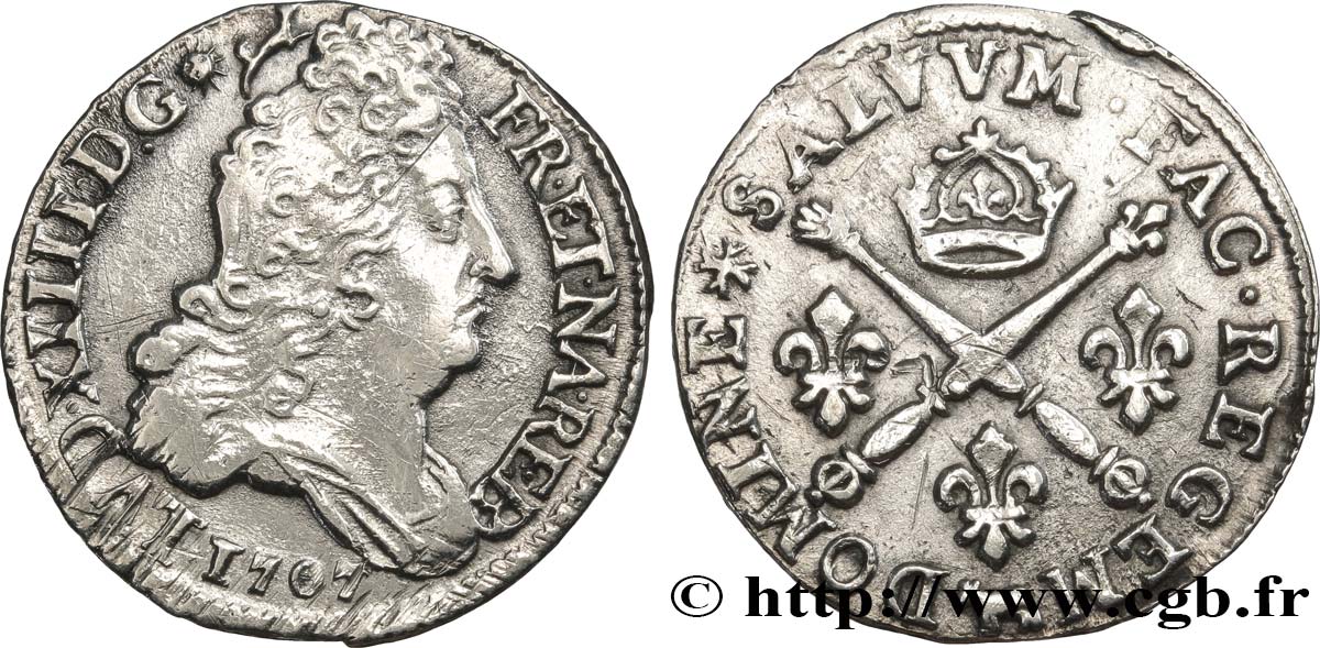 LOUIS XIV LE GRAND OU LE ROI SOLEIL 10 sols aux insignes 1707 Pau TB+/TTB