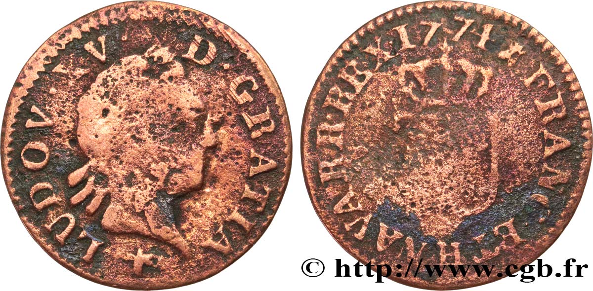 LOUIS XV DIT LE BIEN AIMÉ Liard dit “à la vieille tête” 1774 La Rochelle TB