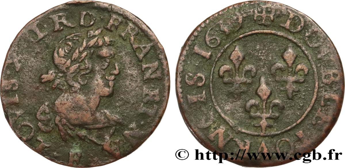 LOUIS XIII  Double tournois au grand buste viril drapé 1639 Tours VF