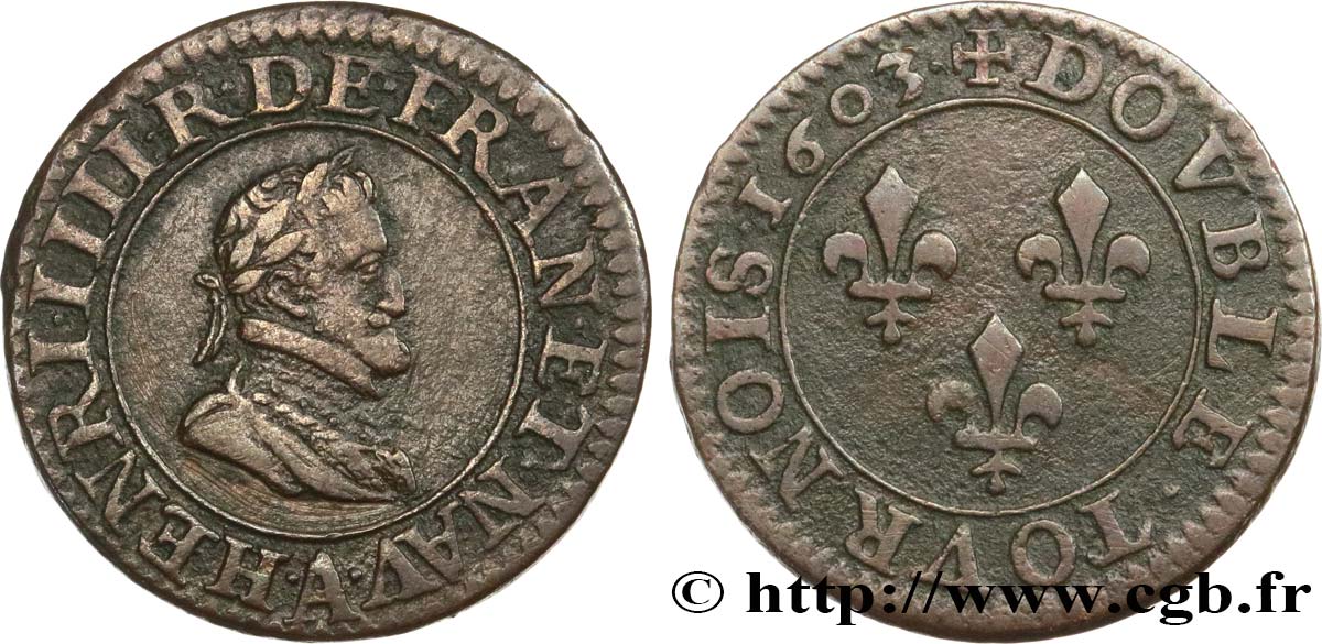 HENRI IV LE GRAND Double tournois, 2e type de Paris (légende française) 1603 Paris, Moulin des Étuves TTB+