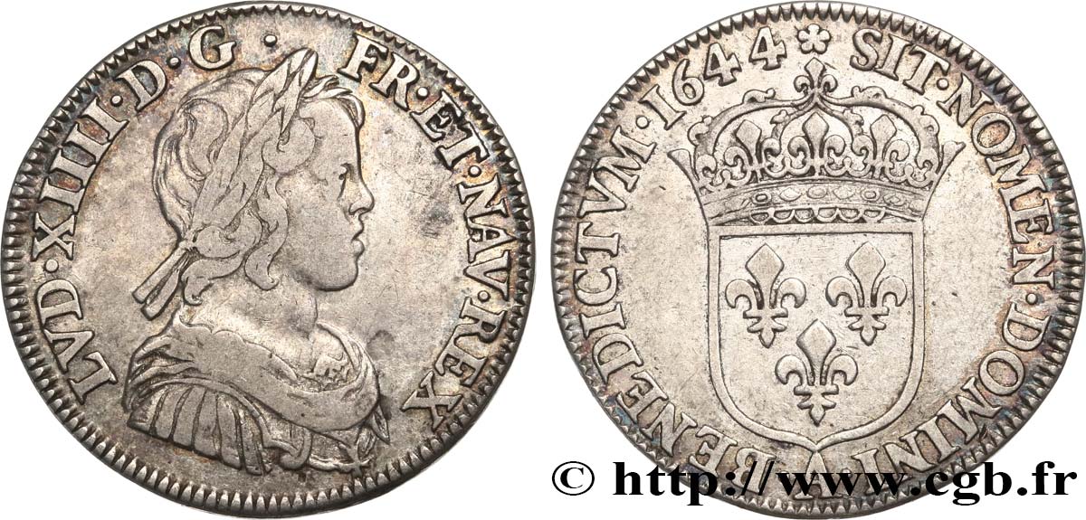 LOUIS XIV LE GRAND OU LE ROI SOLEIL Quart d écu, portrait à la mèche courte 1644 Paris, Monnaie de Matignon TTB/TTB+