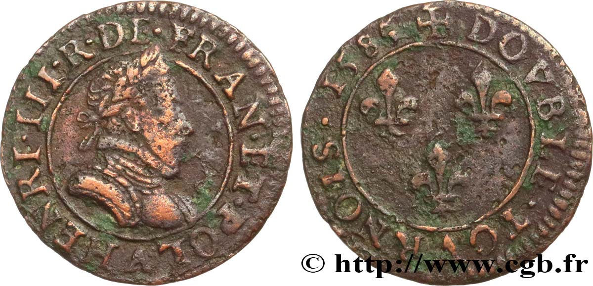 HENRY III Double tournois, 1er type de Paris 1585 Paris, Moulin des Étuves S