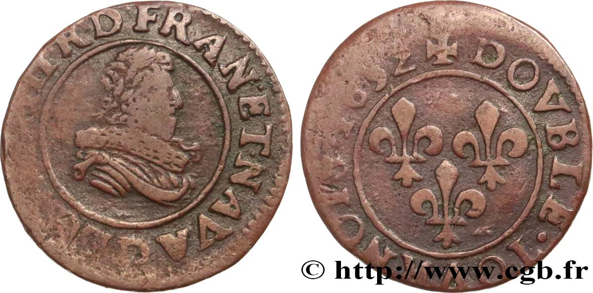 LOUIS XIII LE JUSTE Double tournois, type 8 1632 Lyon TB