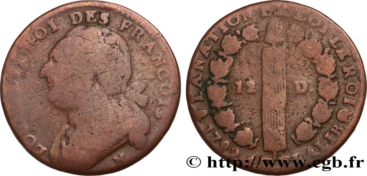 LOUIS XVI (MONARQUE CONSTITUTIONNEL)  12 deniers dit  au faisceau , type FRANÇOIS 1792 Montpellier B+