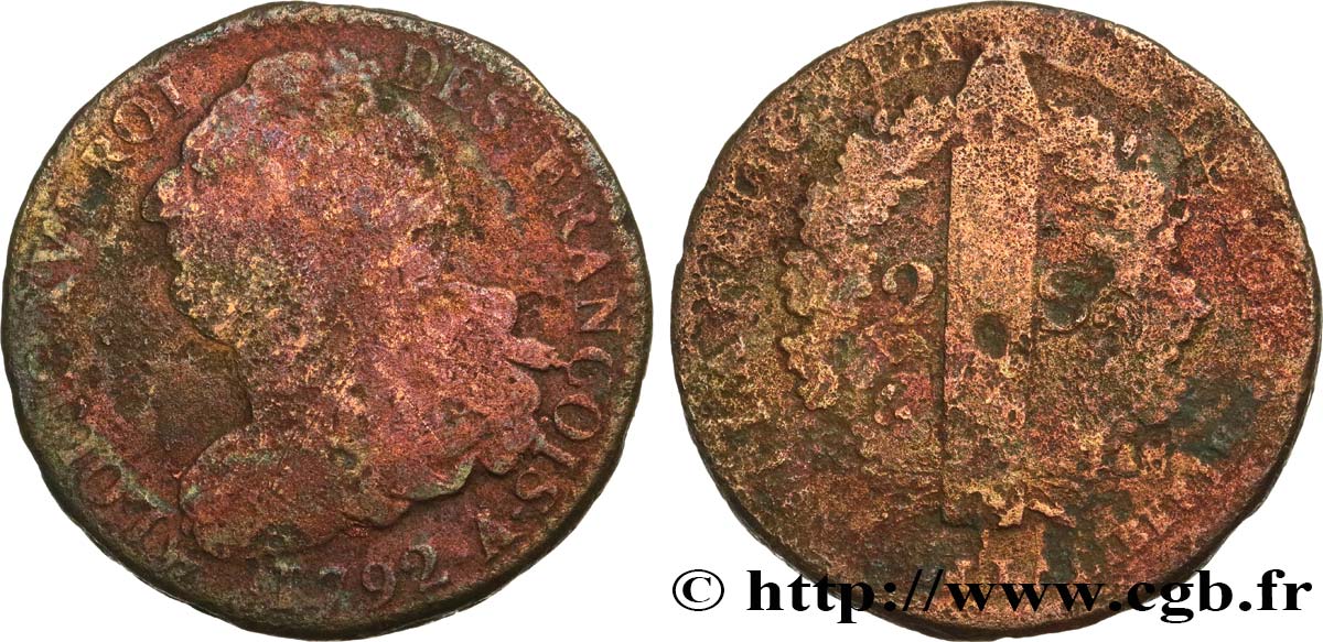 LOUIS XVI (MONARQUE CONSTITUTIONNEL)  2 sols dit  au faisceau , type FRANÇOIS 1792 Paris B