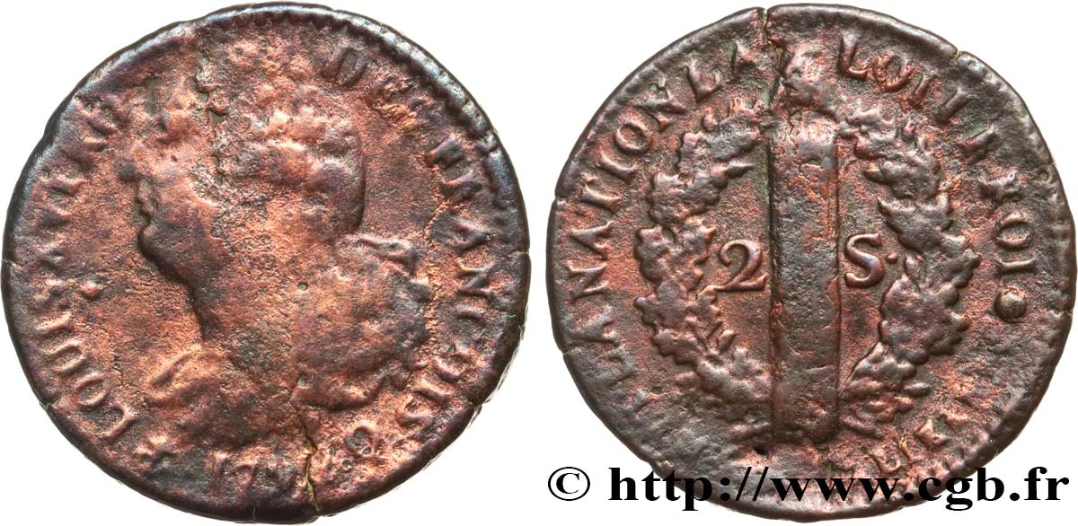 LOUIS XVI (MONARQUE CONSTITUTIONNEL)  2 sols dit  au faisceau , type FRANÇOIS 1792 Perpignan B
