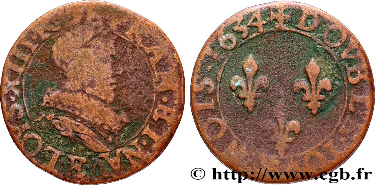LOUIS XIII LE JUSTE Double tournois, type 1 1634 Tours B/B+