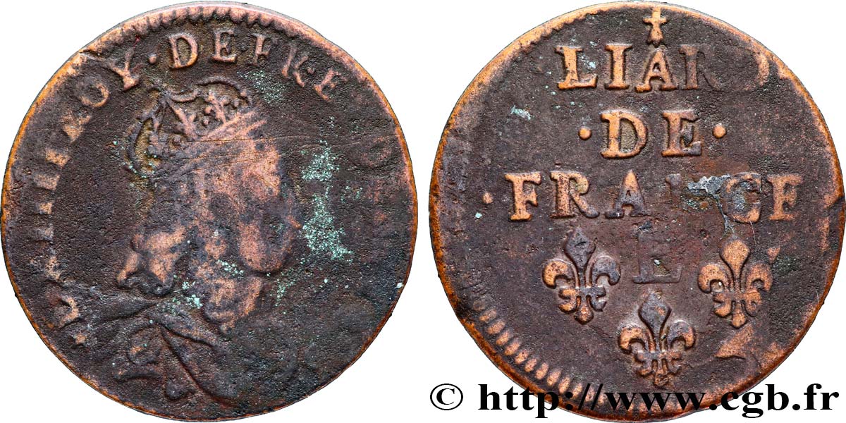 LOUIS XIV LE GRAND OU LE ROI SOLEIL Liard de cuivre, 2e type 1656 Meung-sur-Loire B+/TB