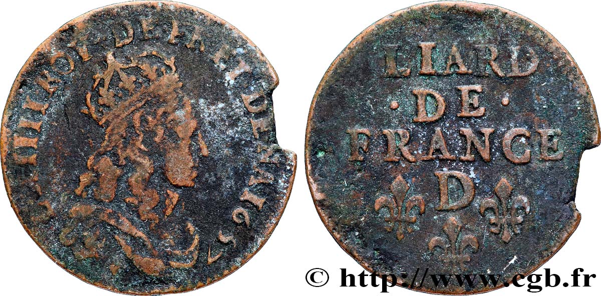LOUIS XIV  THE SUN KING  Liard de cuivre, 2e type 1657 Vimy-en-Lyonnais (actuellement Neuville-sur-Saône) q.MB/MB