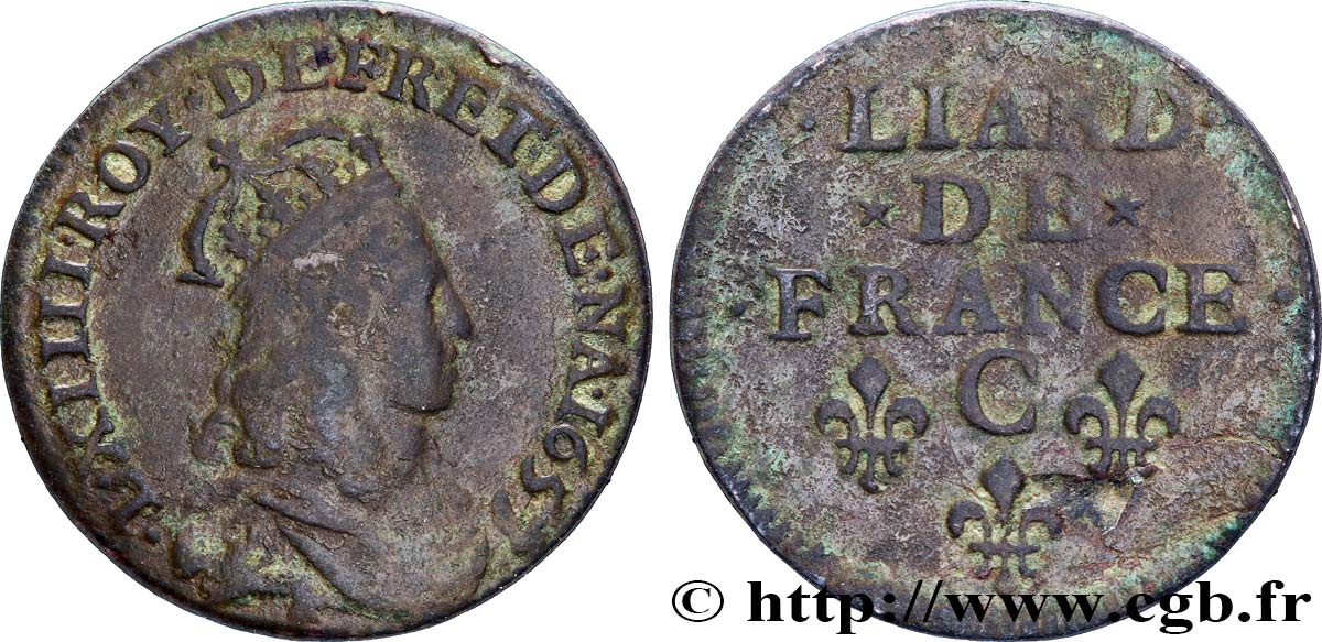 LOUIS XIV LE GRAND OU LE ROI SOLEIL Liard de cuivre, type 5 1657 Caen B+/TB+
