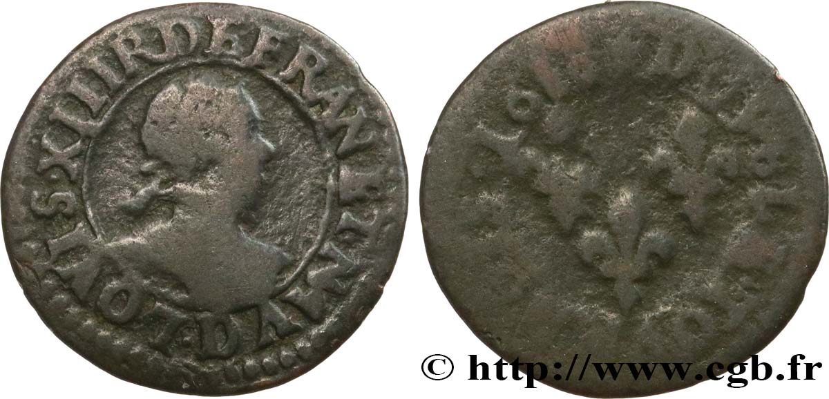LOUIS XIII LE JUSTE Double tournois, type 4 1618 Lyon B+/B
